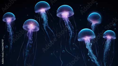  a group of jellyfish floating in the ocean at night. generative ai