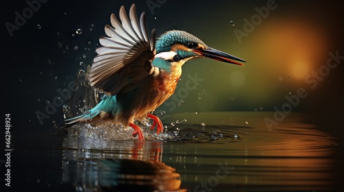  a colorful bird with its wings spread out in the water.  generative ai © Anna