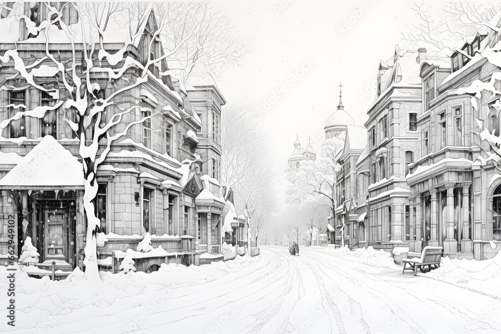 A pen and ink illustration of a snowy town square. Detailed architectural illustration
