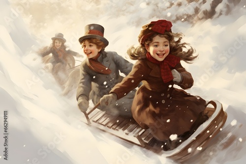 Happy children sledding on Christmas Eve. Holiday watercolor illustration