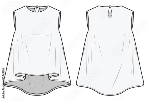 Crew Neck Sleeveless Flared Top  Front and Back View. Fashion Flat Sketch Vector Illustration, CAD, Technical Drawing, Flat Drawing, Template, Mockup.