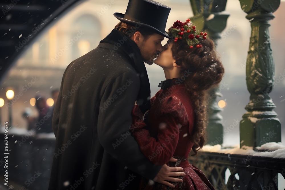 A man kisses a woman on Christmas Eve. Holiday photo in Victorian style - obrazy, fototapety, plakaty 