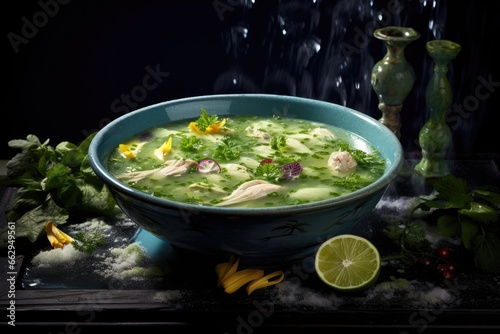 Steaming soup in a blue bowl, garnished with herbs and vegetables on a dark background.