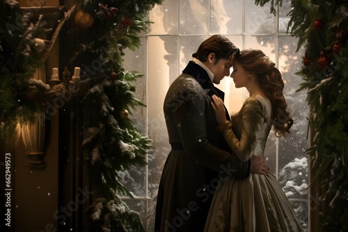 A man kisses a woman in a door arch on Christmas Eve. Victorian style holiday photo. Decorations in the foreground