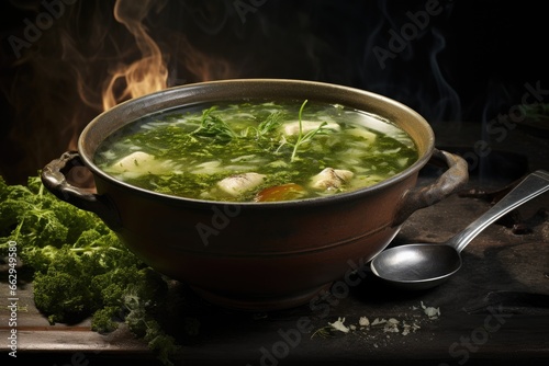 Steaming soup in a blue bowl, garnished with herbs and vegetables on a dark background.
