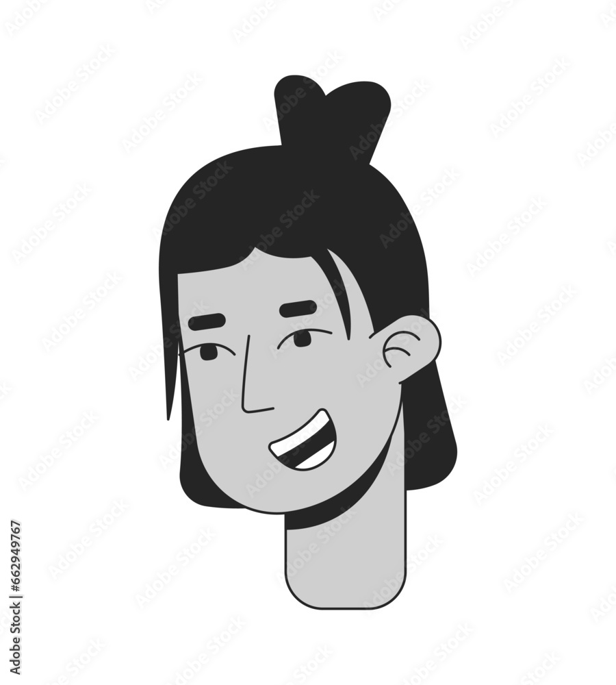 Latinamerican guy with medium length hair black and white 2D line cartoon character head. Spanish young man with bun hairstyle isolated vector outline person face. Monochromatic flat spot illustration Latinamerican guy with medium length hair black and white 2D line cartoon character head. Spanish young man with bun hairstyle isolated vector outline person face. Monochromatic flat spot illustration