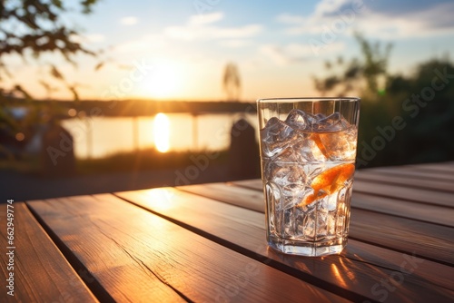 Ice-cold vodka in a glass, set against a stunning sunset. © Sebastian Studio