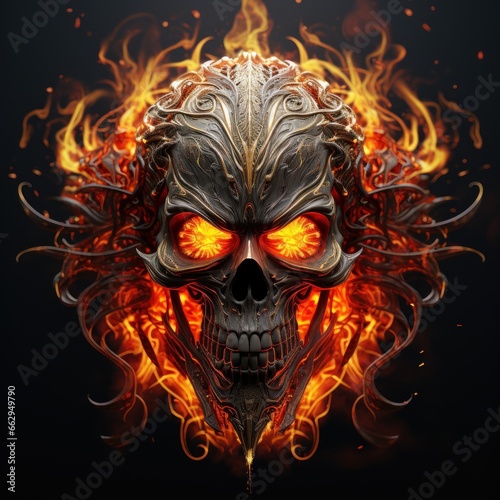 Demon skull on fire, burning skull head, Fire eyed demon skeleton head, Fiery skull image, flaming demon horror, halloween, generative AI, JPG