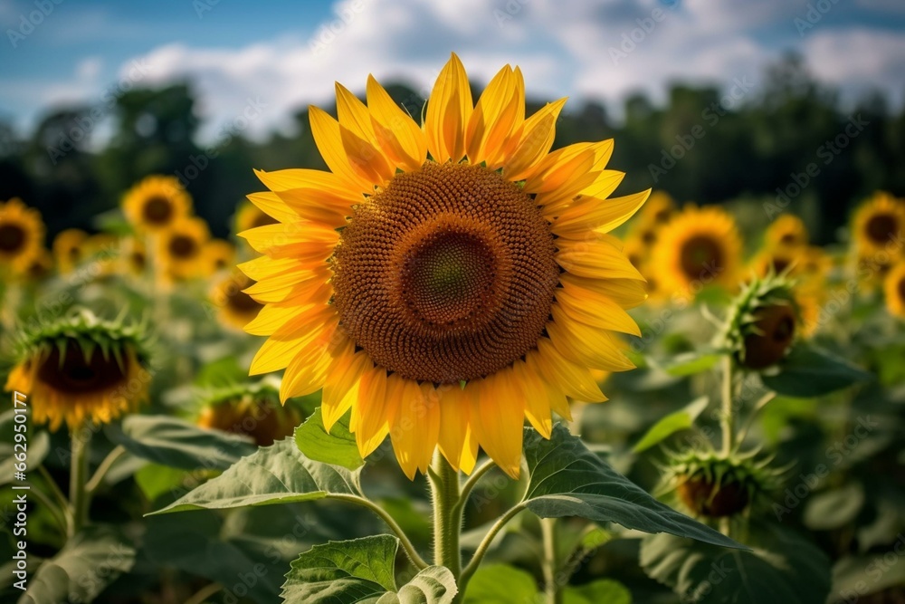 Vibrant sunflower with a cheerful face on a summer field. Generative AI