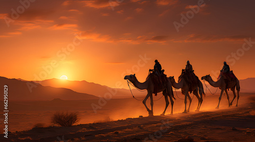 Desert sunset camel caravan silhouette natural light.