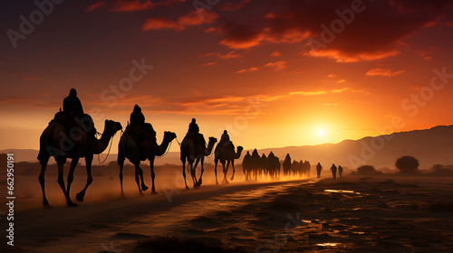 Desert sunset camel caravan silhouette natural light.