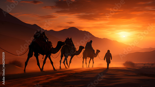 Camel caravan silhouette landscape of desert.