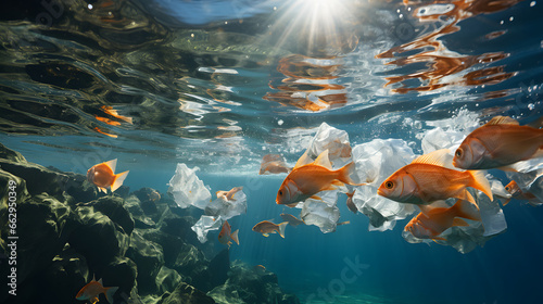 Fish swim through plastic bag waste underwater.