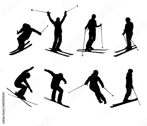 Set of silhouette of skier, skiing - vector illustration