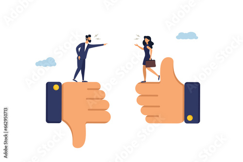 Businessman and woman arguing about the difference between thumbs up and thumbs down. Conflict and dispute between colleagues, disagreement, confrontation or rivalry fight concept.