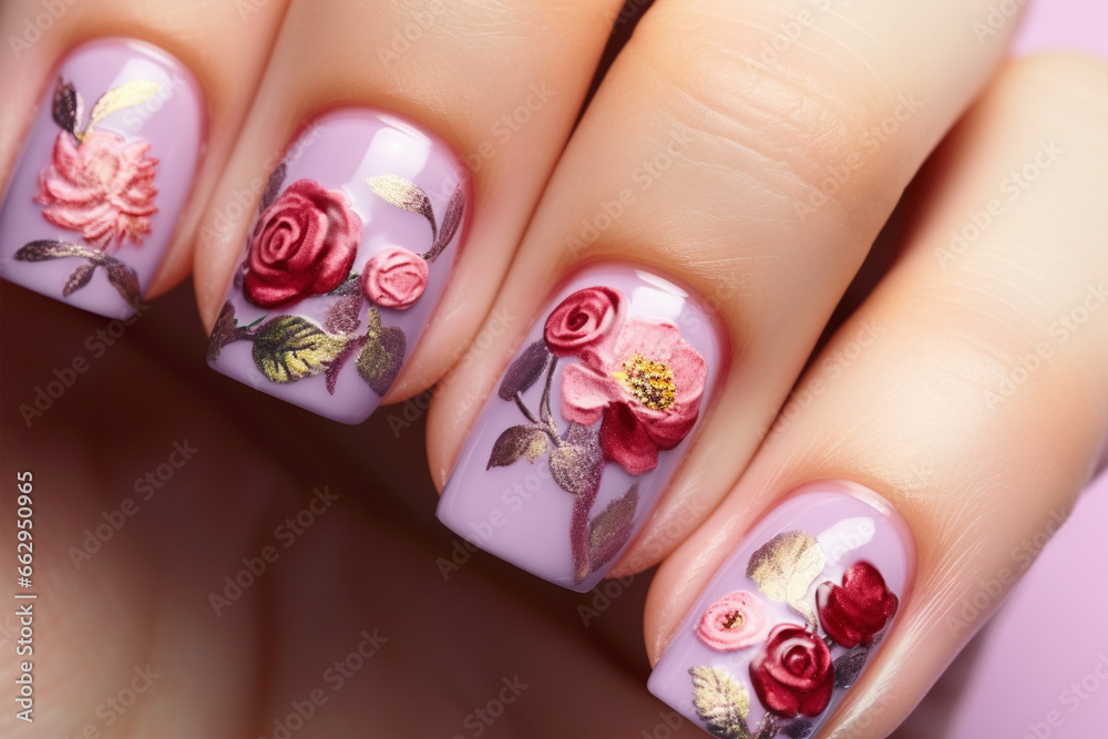 Naklejka premium Woman's fingernails with floral violet nail art design