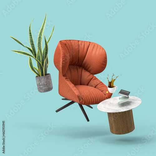 Foto Zero gravity white interior living room 3 D Illustration