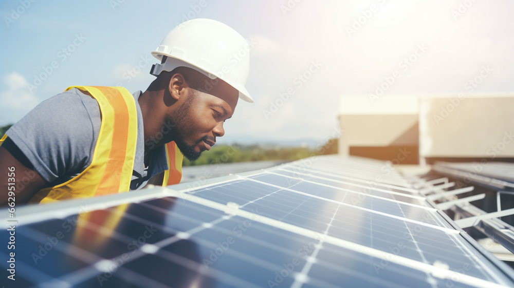African american male worker in protective helmet and uniform working on roof with solar panels check the maintenance of the solar panels.

 - obrazy, fototapety, plakaty 