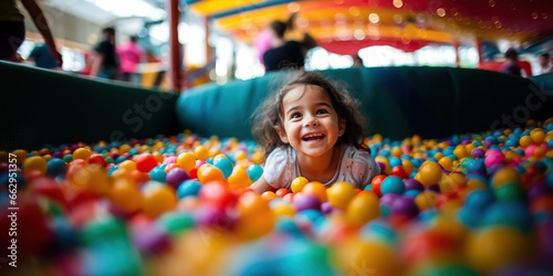 Joyful child immersed in play, navigating through a vibrant ball pit at an indoor playground , concept of Carefree adventure photo
