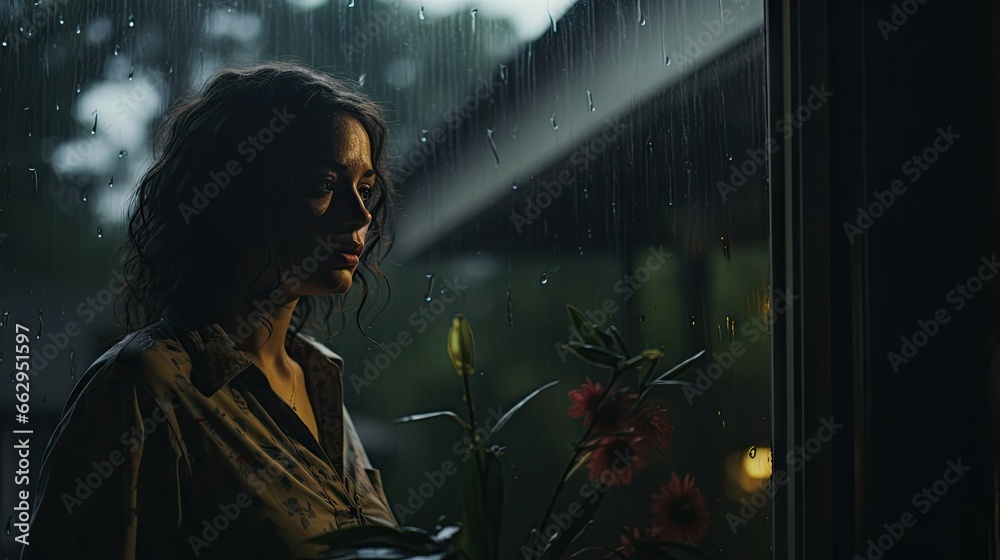 Fototapeta premium a woman standing in front of a window holding a bouquet of flowers. generative ai