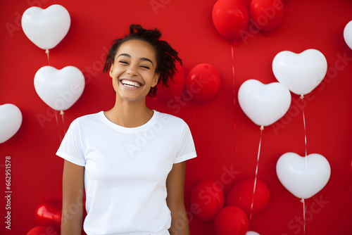 Young woman wearing bella canvas white shirt mockup, red background with hearts balloons. Valentines day design tshirt template, print presentation mock-up. photo