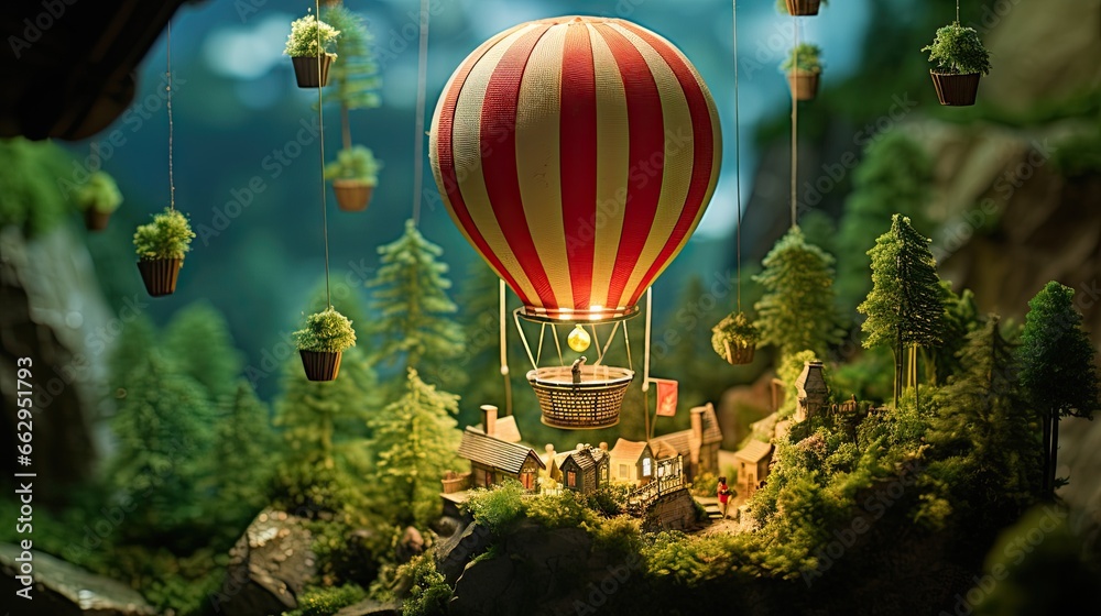 Fototapeta premium a hot air balloon flying over a forest filled with trees. generative ai