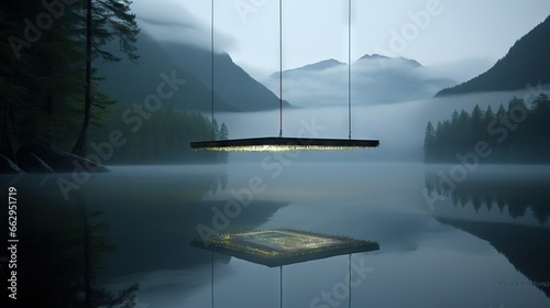  a suspended light hanging over a lake surrounded by mountains and trees.  generative ai © Anna