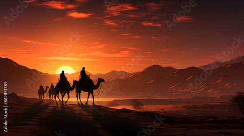 Landscape of desert dunes camel caravan silhouette.