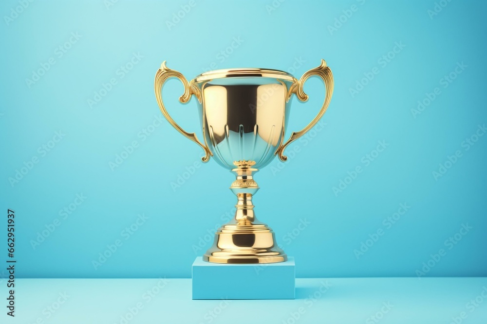 A gold trophy cup on a pastel blue background. Generative AI - obrazy, fototapety, plakaty 