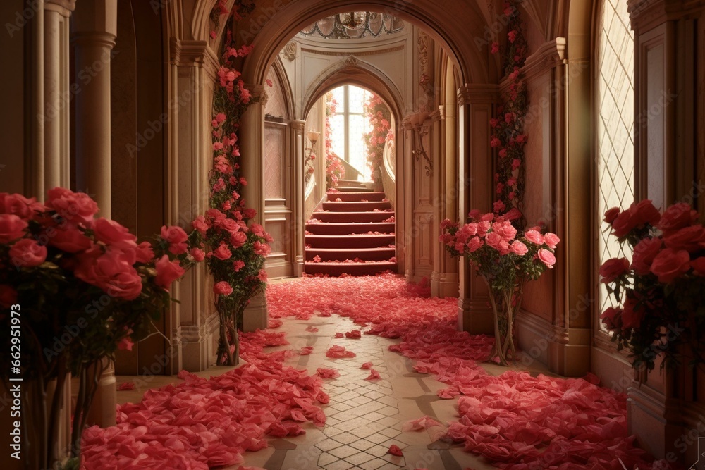Victorian-style hallway in a pink castle adorned with red roses, with flowers scattered around the door and window. Generative AI - obrazy, fototapety, plakaty 