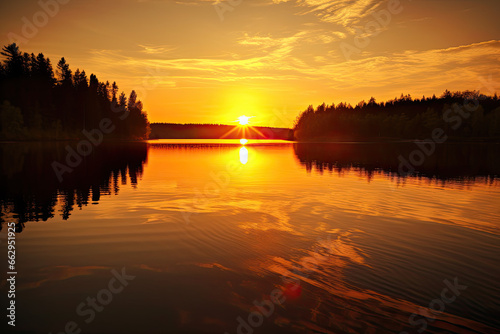 Beautiful landscape, sunset over beautiful lake, gorgeous background, calm, peaceful reflection, sun over the horizon