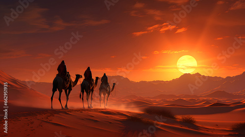 Landscape of Desert Dunes camel caravan silhouette.