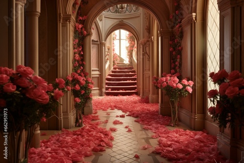 Victorian-style hallway in a pink castle adorned with red roses, with flowers scattered around the door and window. Generative AI