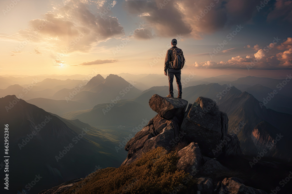 Climber on submit, beautiful landscape, mountain top, gorgeous background, reaching the summit, success,  - obrazy, fototapety, plakaty 