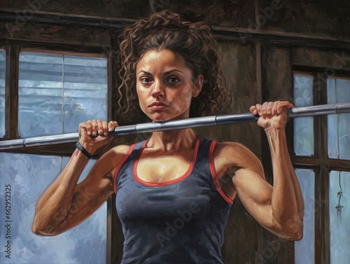 Drawing with markers of a young woman training with weights