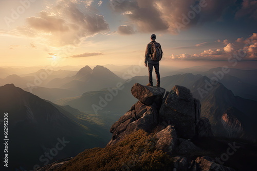 Climber on submit, beautiful landscape, mountain top, gorgeous background, reaching the summit, success,  photo