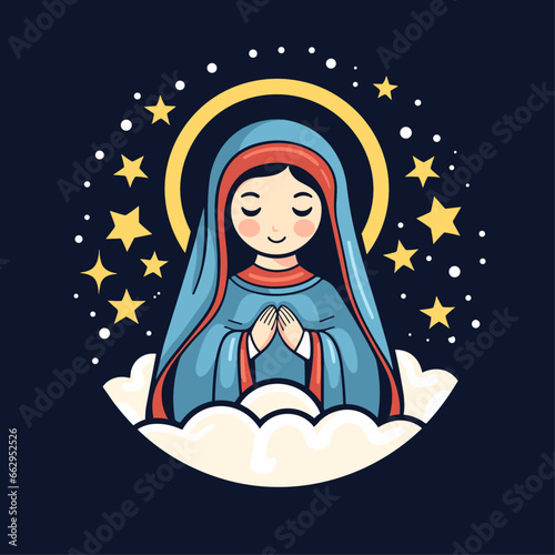 vector illustration of Our Lady Virgin Mary Mother of Jesus, Madonna in stars, christmas mood, printable, suitable for logo, sign, tattoo, sticker and other print on demand