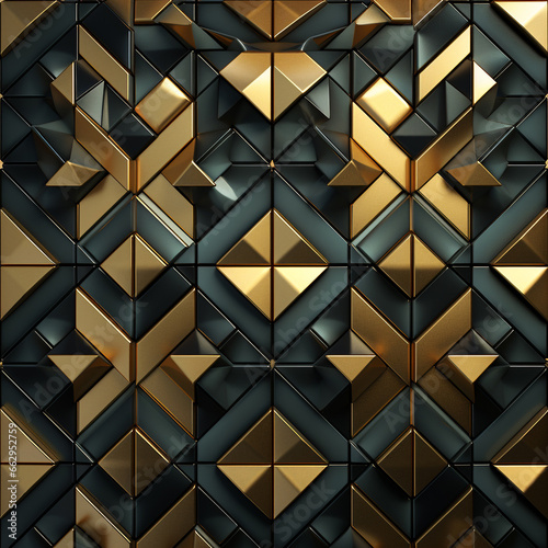 Metal embossed textures, geometric, 3D shading, 3d geometric tile pattern, elevattion view, precious metal colours, high tecnology molted metal pattern.