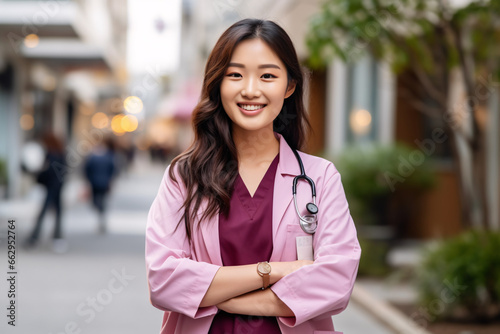 Doctor with pink gown and wide smile on a street. Ai generated.