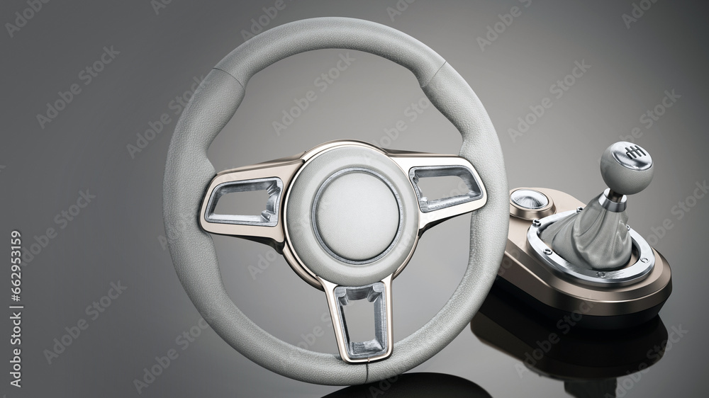 Generic steering wheel and gearbox. 3D illustration Generic steering wheel and gearbox. 3D illustration