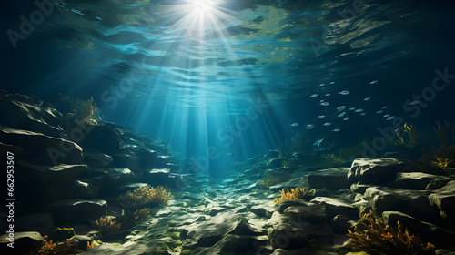 Undersea view  sun rays in background.