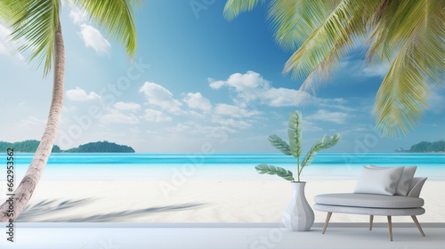 A close-up view of a tropical beach wallpaper, showcasing powdery white sands, azure waters, and swaying palm trees, creating a sense of relaxation and escape