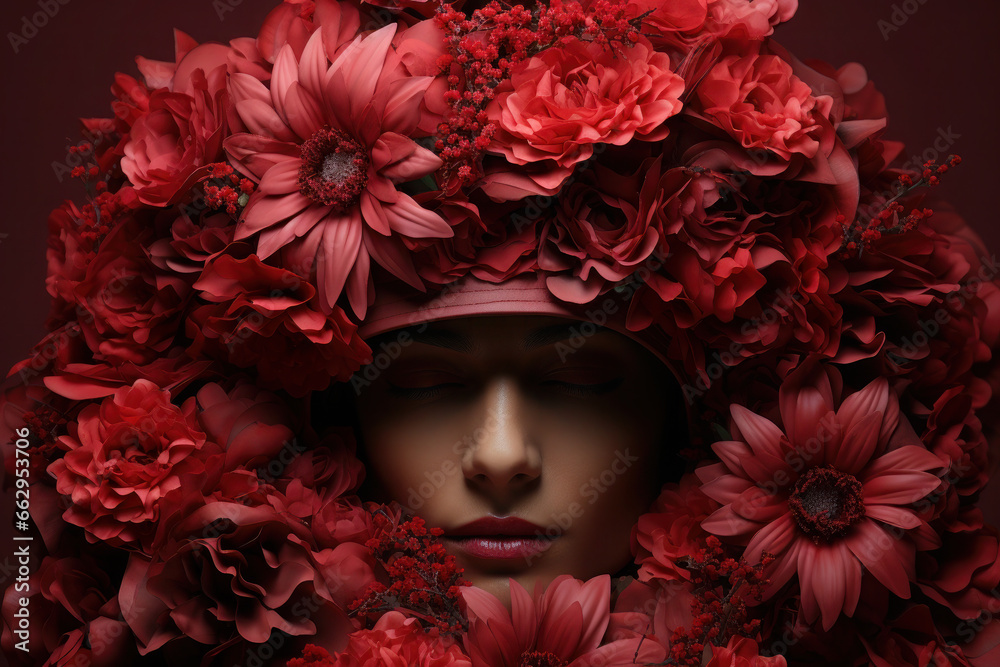 Portrait of young male with flower wreath, crown. red bouquet. fashion and modern design Portrait of young male with flower wreath, crown. red bouquet. fashion and modern design