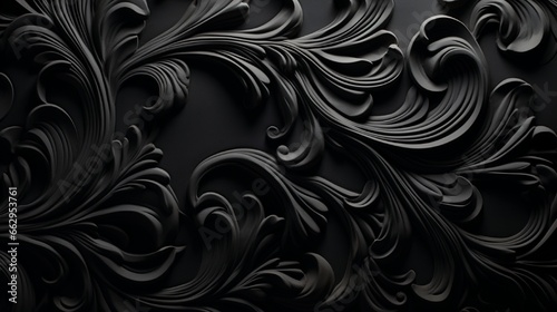 A detailed and textured black background featuring a 3D Rococo pattern with delicate swirls, scrolls, and floral motifs that add a sense of drama and sophistication