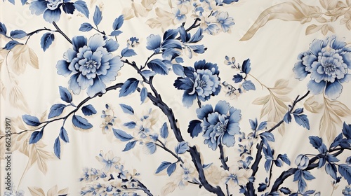 a blue and white flowered wallpaper with blue flowers. generative ai
