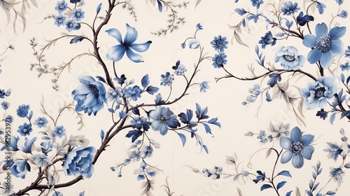  a blue and white wallpaper with flowers and leaves on it. generative ai