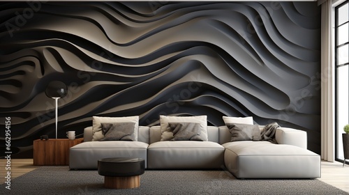 A stunning 3D wallpaper adorning a living room wall, featuring a mesmerizing abstract pattern that adds depth and style to the space
