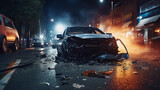 Car crash dangerous accident on the road at night copy space. Generative AI