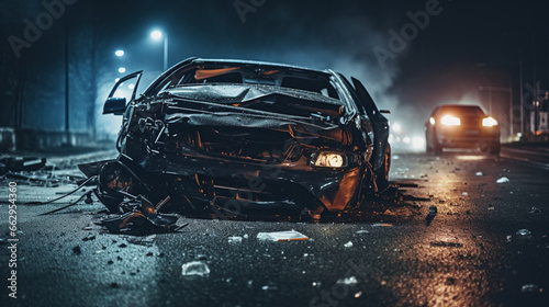 Car crash dangerous accident on the road at night copy space. Generative AI © AdlerTorres