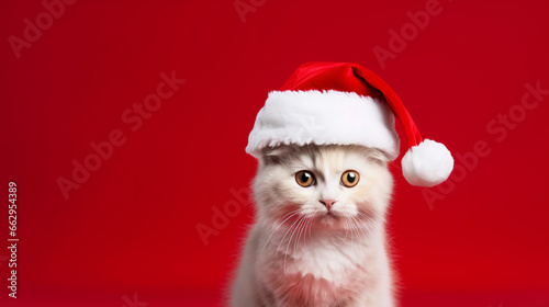 Cat in Santas hat isolated on red background Christmas background. Generative AI